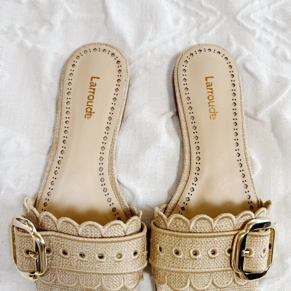 Larroudé Ivy Broderie Flat Sandal In Beige Raffia Size 6 New - Picture 4 of 11